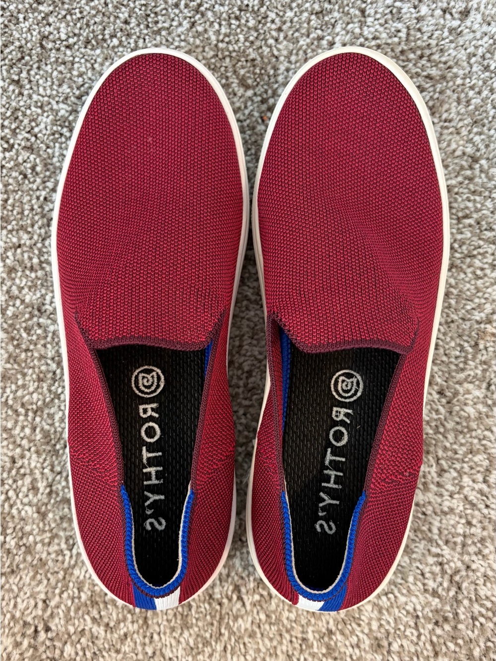 Rothy's Slip-On Knit Loafers in Burgundy with Blue Trim